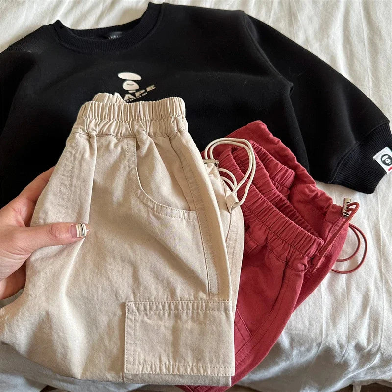 Unisex Kids Cargo Ankle Pants Cotton Loose Fit With Pockets