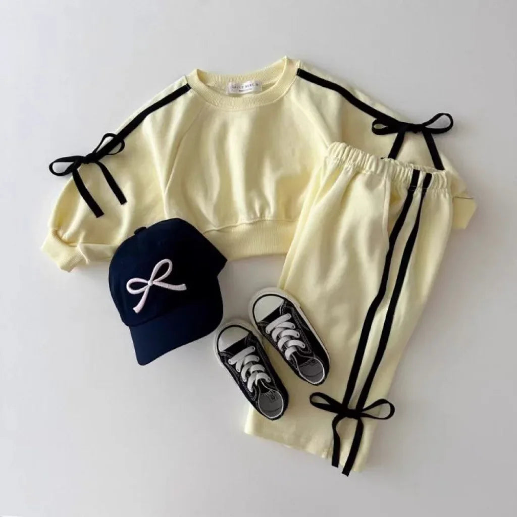 Korean Style 1-5Y Girl Autumn 2-Piece Cotton Tracksuit Bow Raglan Sweatshirt Set
