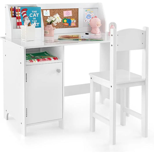 Kids Desk and Chair Set Wooden Children School Study Table and Chair with Whiteboard Hutch and Storage Shelves for Ages 3 and Up White