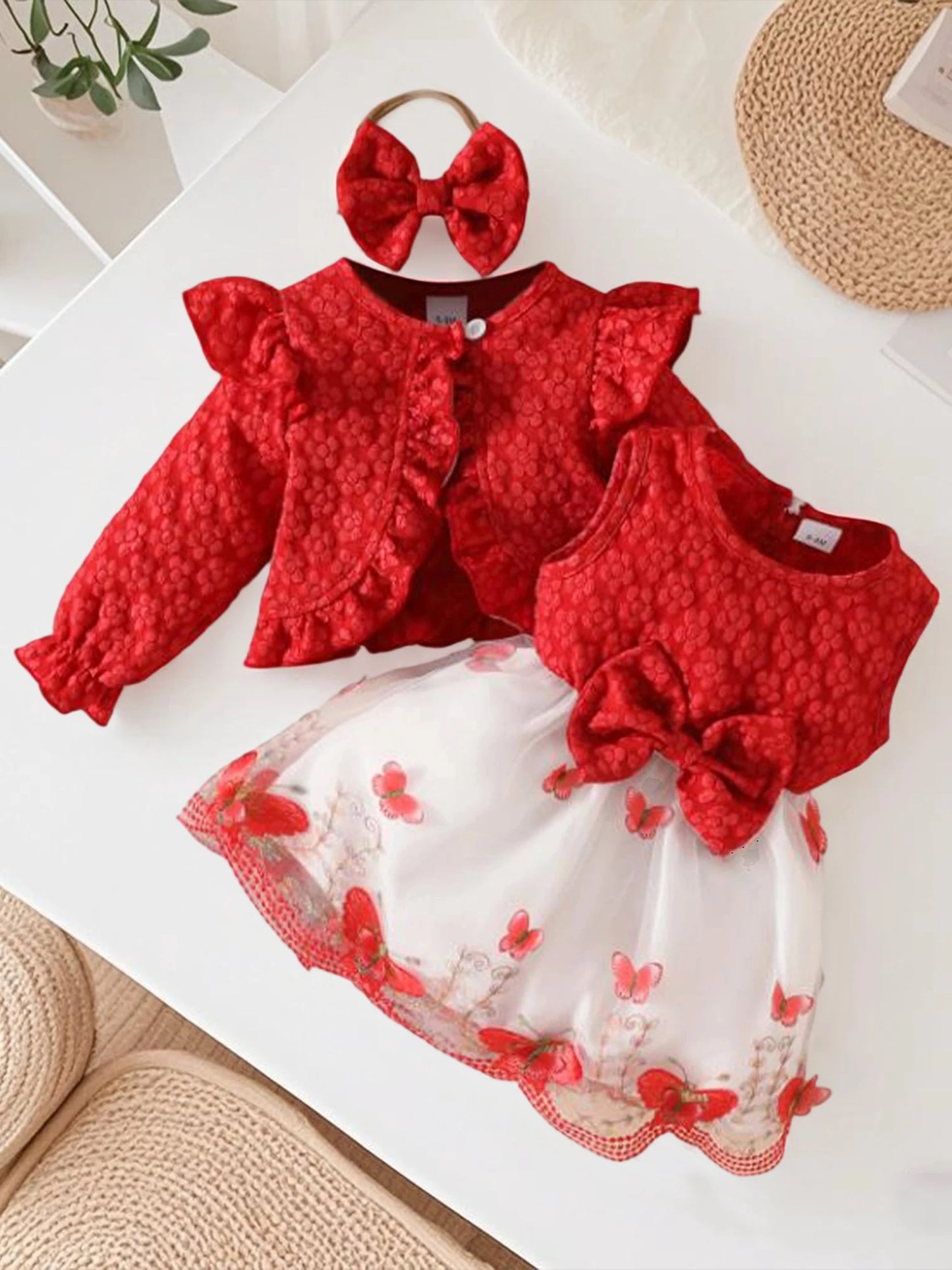 Baby Girl Autumn 3Pcs Outfit Set Ruffle Sleeve Romper Cardigan Bow Headband