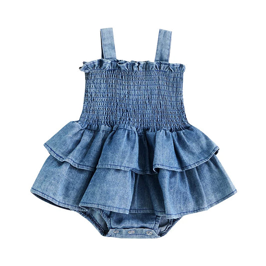 Summer Baby Girl Sleeveless Denim Romper with Suspenders Pleated Ruffle Hem