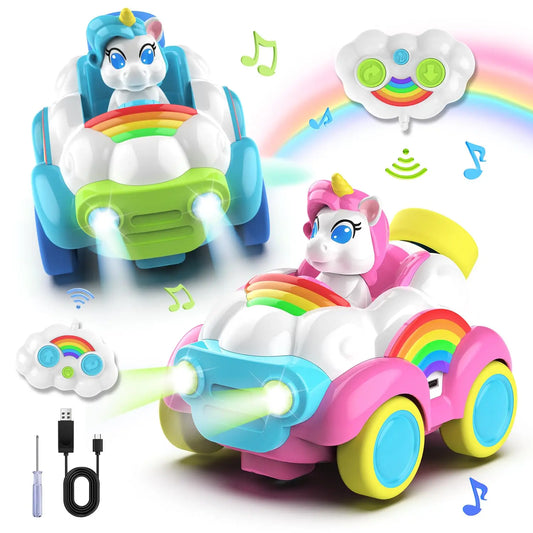 2pcs Remote Control Cars 2.4GHz Unicorn Car Toys for Kids with Colored Lights Music and Sound Ages 2 to 6
