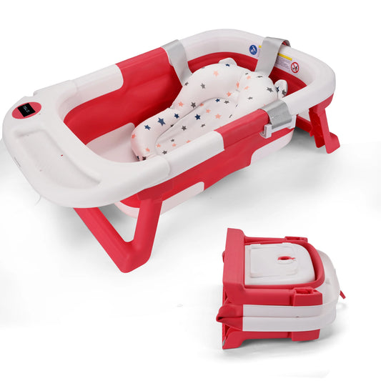 Baby Bathtub with Soft Cushion and Thermometer for Newborns to Toddlers 0 to 36 Months Portable Travel Baby Tub