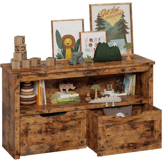 Storage Organizer with Drawers Floor Toy Box with Wheels and Shelf Storage Chest for Nursery Playroom and Bedroom Vintage Brown