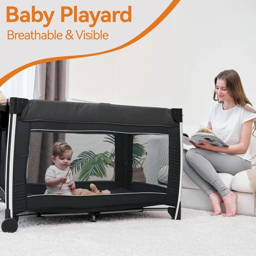 Grey 4 In 1 Portable Baby Crib Deluxe Nursery Center