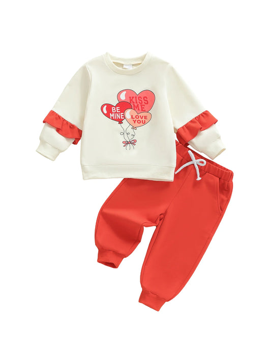 Valentine's Day Toddler Girl Heart Print Long Sleeve Sweatshirt Pants Set