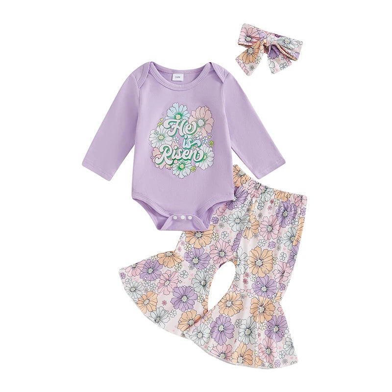 Adorable Baby Girl Easter Outfit With Bunny Print Long Sleeve Romper Flare Pants