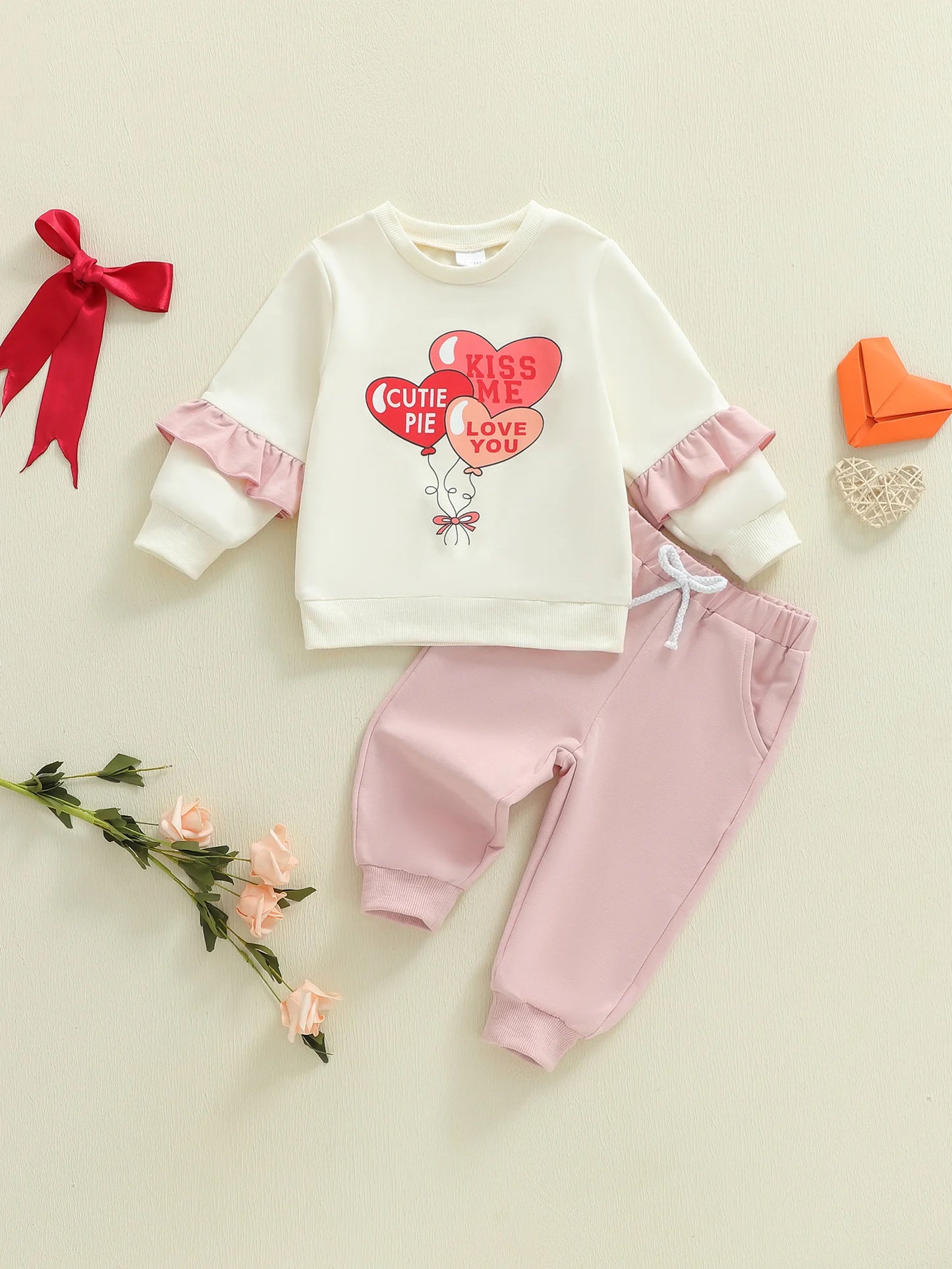 Valentine's Day Toddler Girl Heart Print Long Sleeve Sweatshirt Pants Set