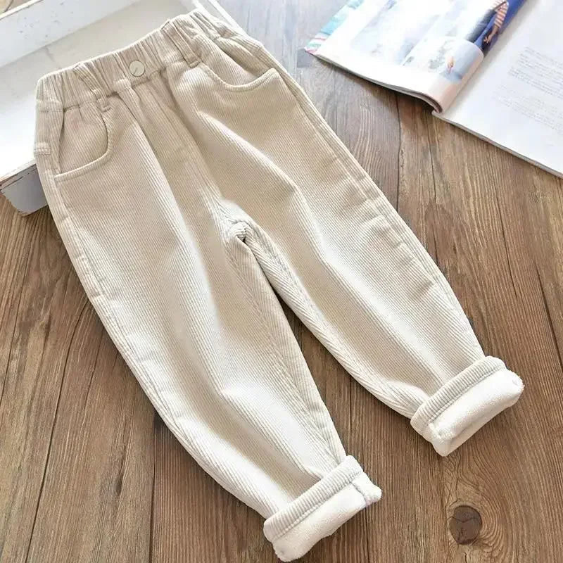 Kids Corduroy Warm Pants For Autumn Winter Unisex High Waist 1 To 9 Years