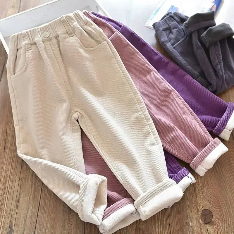 Kids Corduroy Warm Pants For Autumn Winter Unisex High Waist 1 To 9 Years