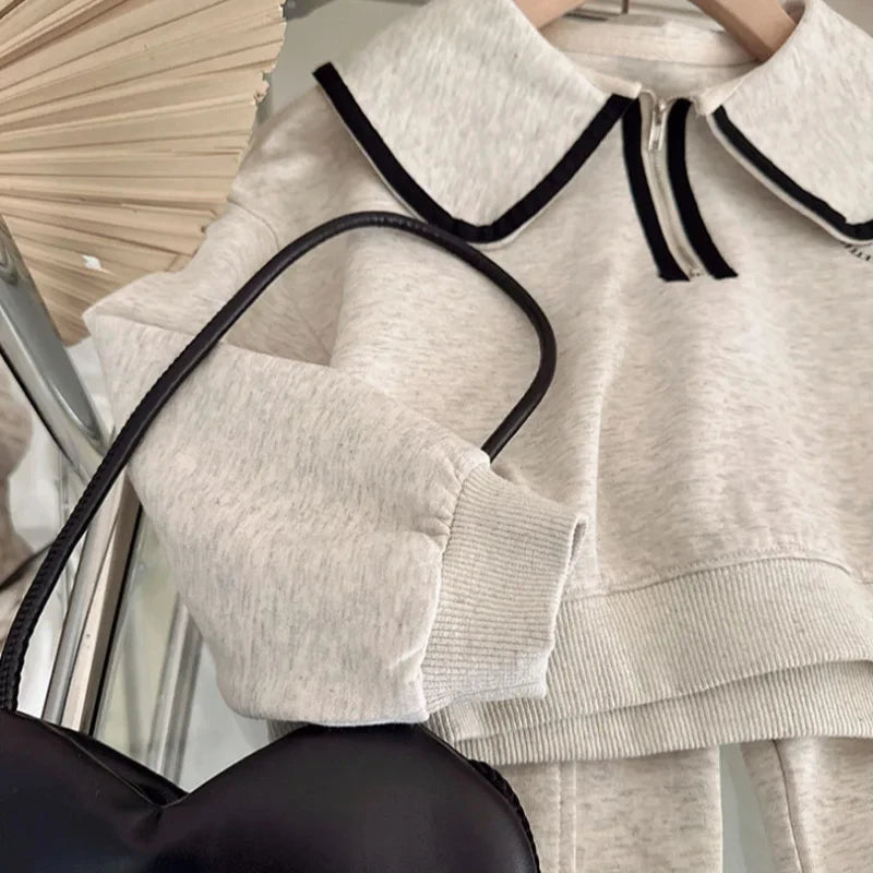 Girls Spring Hoodies Set 3 To 7Y Korean Baby Doll Collar Hoodie Pants