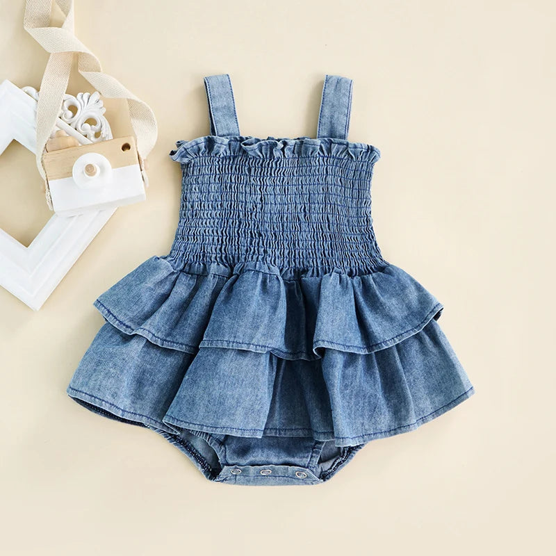 Summer Baby Girl Sleeveless Denim Romper with Suspenders Pleated Ruffle Hem