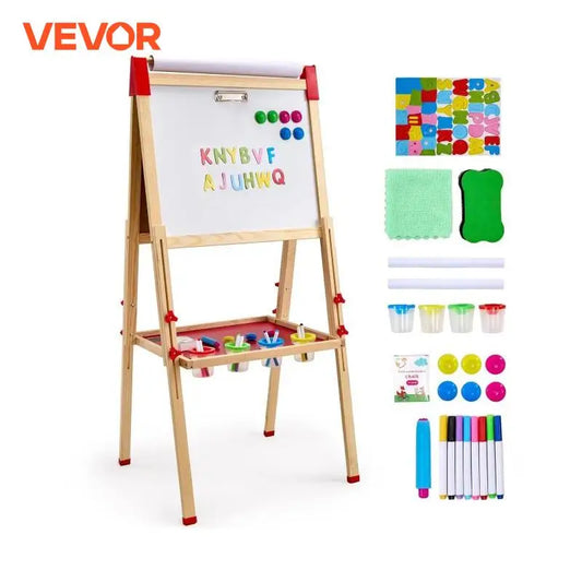 Vevor Children Magnetic Drawing Board Wooden Double-Sided Kids Art Easel with Whiteboard and Chalkboard for Boys and Girls Gifts Toys