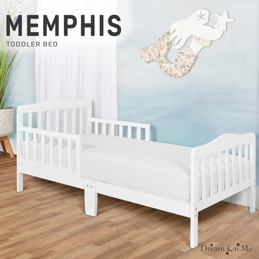 Classic Design Toddler Bed In White Low To Floor Design With Two Side Rails Non Toxic Finishes Wooden Nursery Furniture