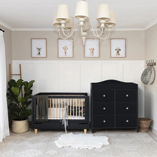 Black Changing Table Dresser With Six Fabric Drawers