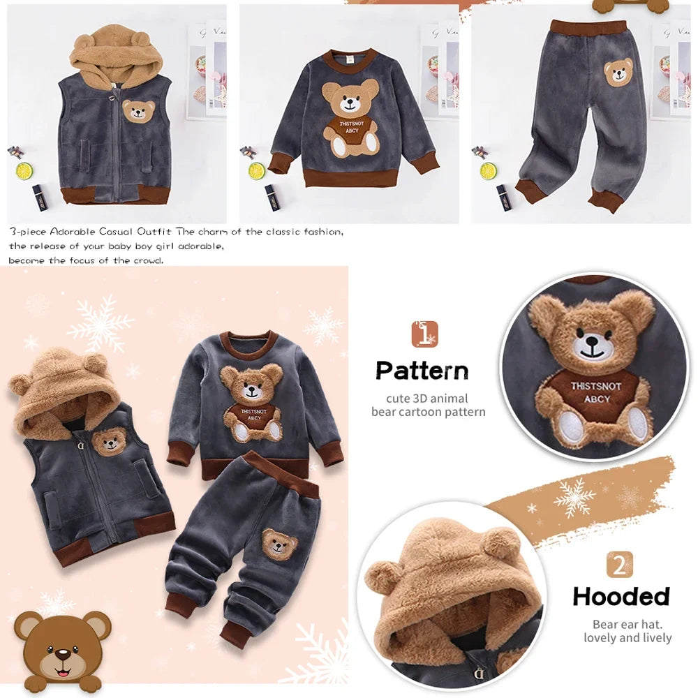 3 Piece Baby Toddler Winter Coat Set Hooded Vest Pants Unisex Cotton Polyester