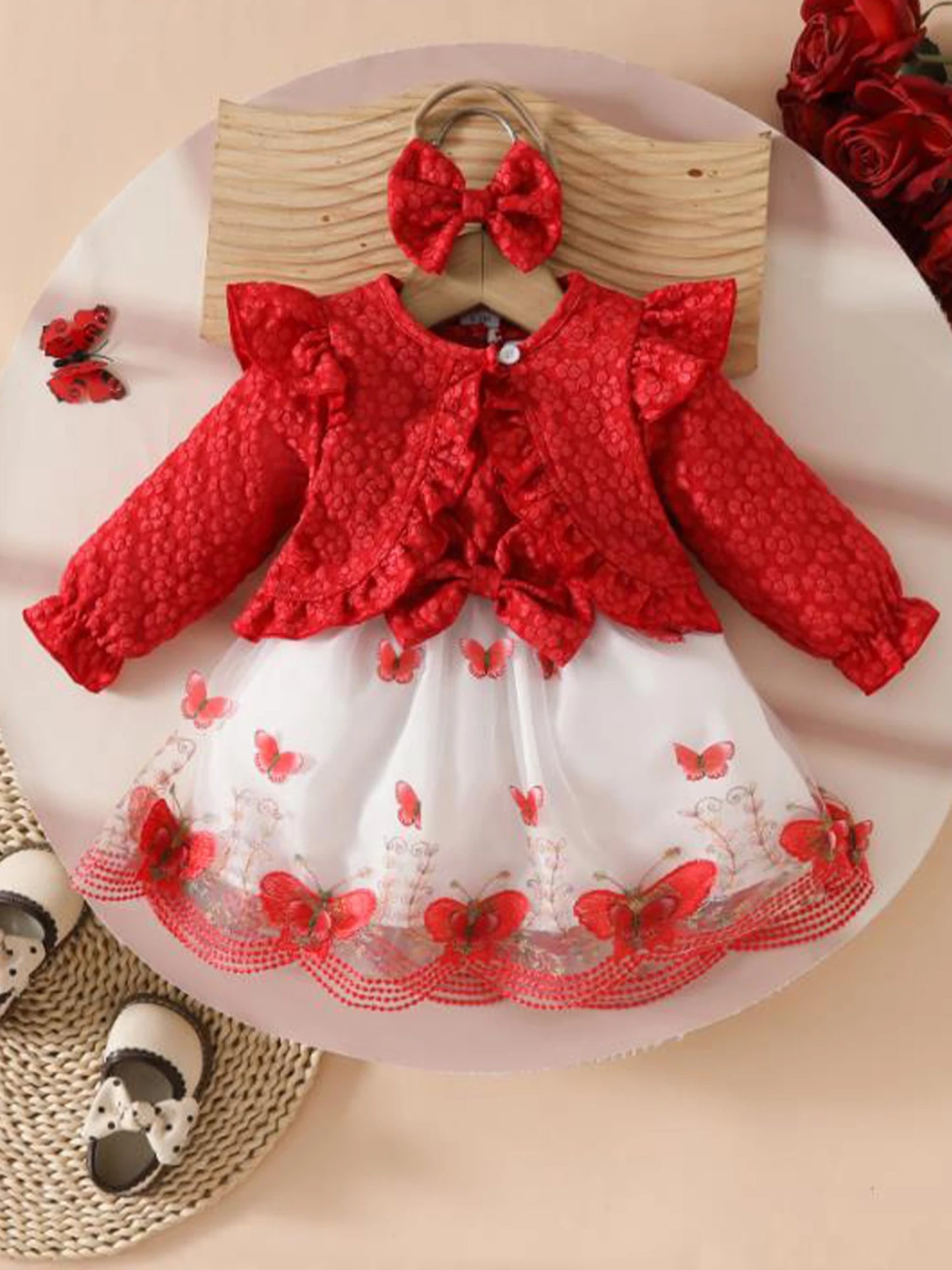 Baby Girl Autumn 3Pcs Outfit Set Ruffle Sleeve Romper Cardigan Bow Headband