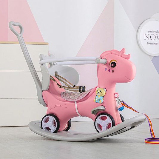 Toddler Rocking Horse Balance Bike Ride On Toy With Push Handle Backrest And Balance Board For Boys And Girls