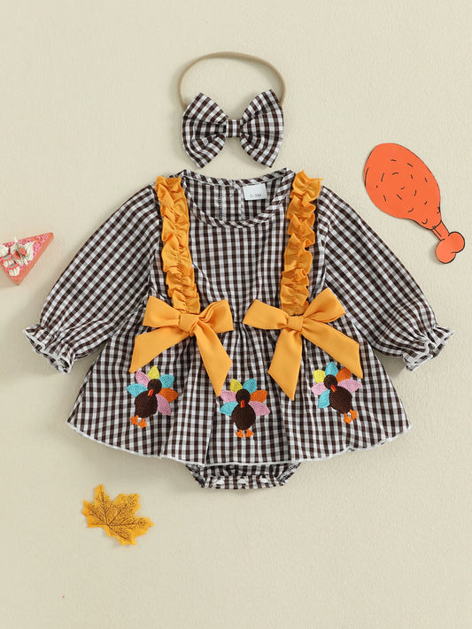 Thanksgiving Baby Girl Outfit 2Pcs Turkey Print Plaid Romper Bow Headband