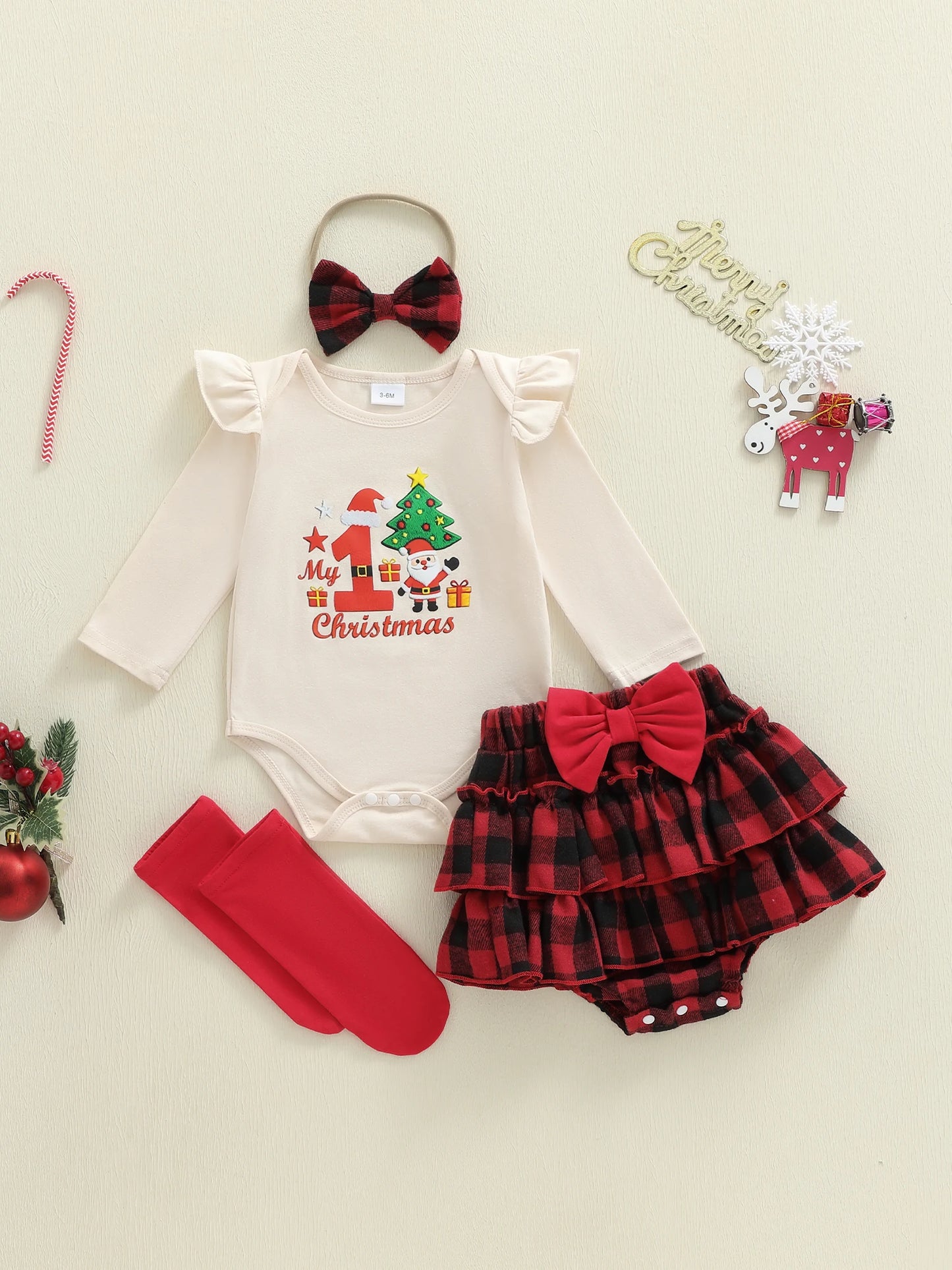Baby Christmas Outfit Set With Festive Embroidery And Layered Shorts