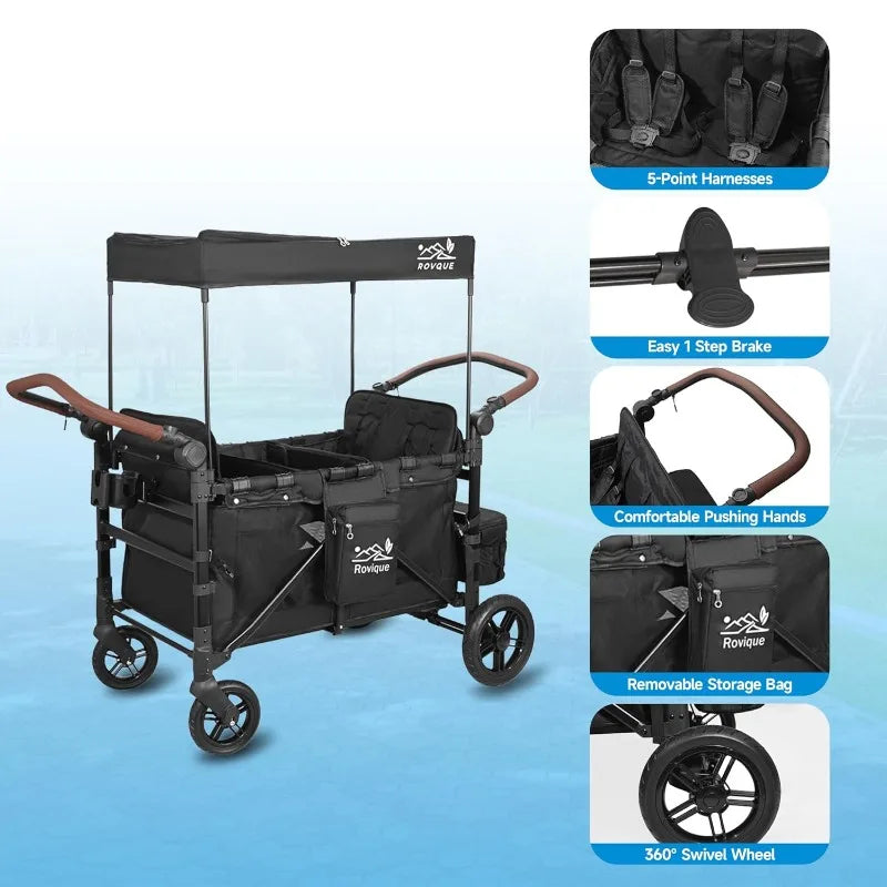 4 Seater Wagon Stroller Foldable All Terrain Quad Wagon Canopy Detachable Tray