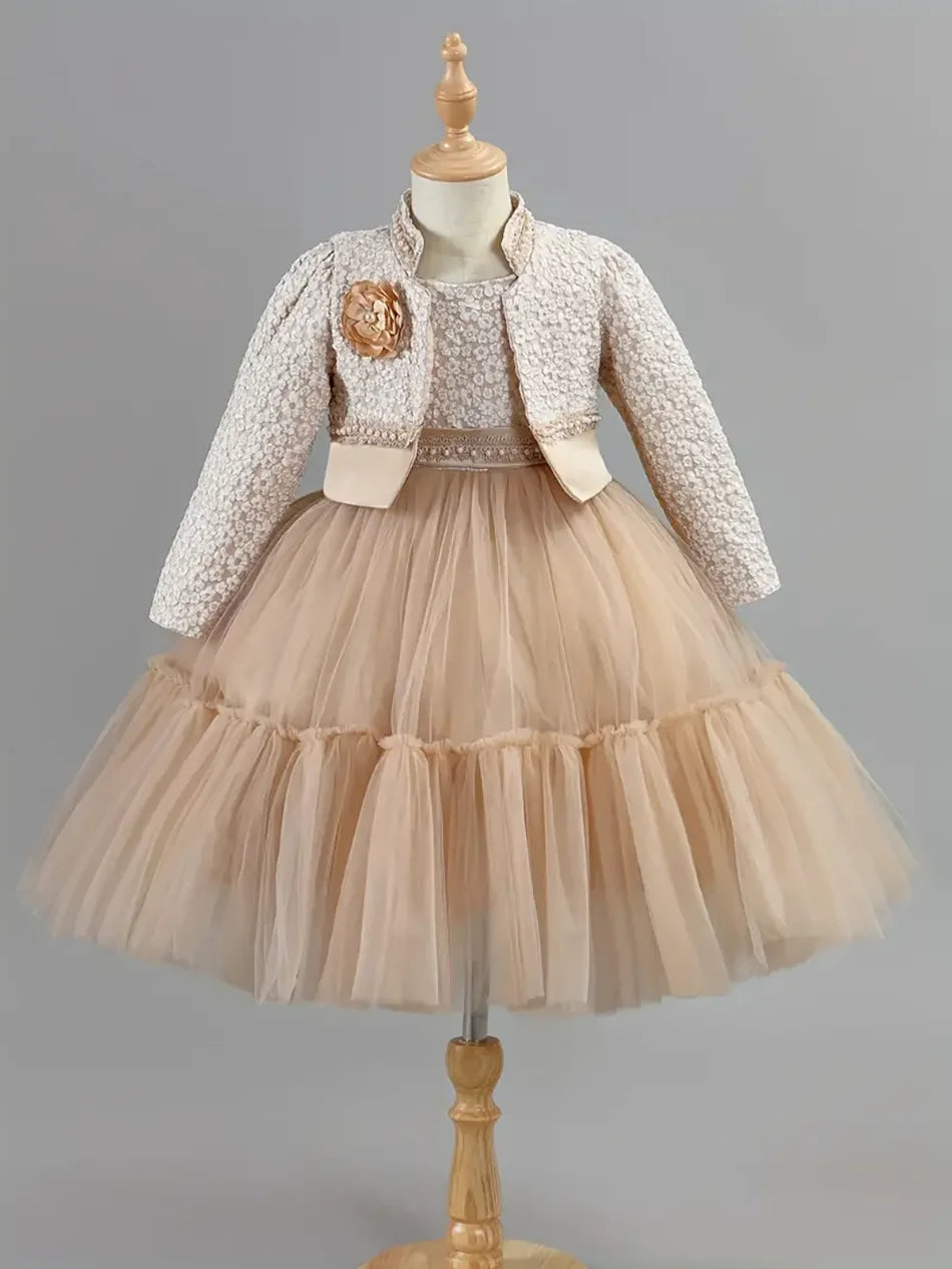 Girls Dress Set Khaki Lotus Lace Spring Autumn 2024 Fashion Princess Outfit