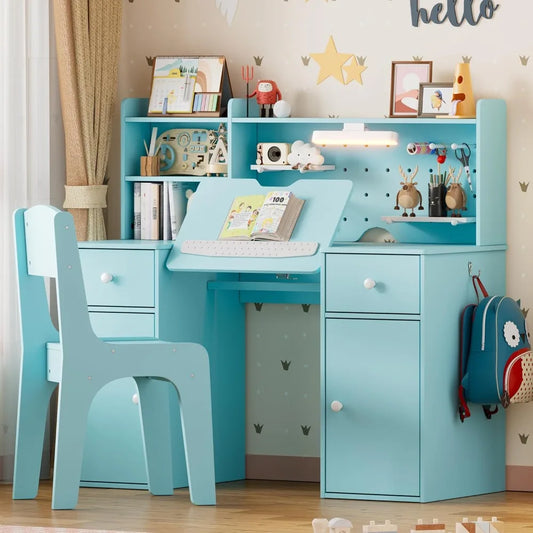Kids Study Desk And Chair Set Wooden Table With Tilt Desktop