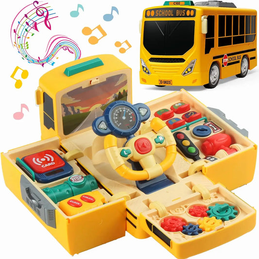 Toddlers Simulate School Bus Toy with Sound and Light Simulation Steering Wheel Driving Toy Music Education Gift for Ages 3 to 5 Years
