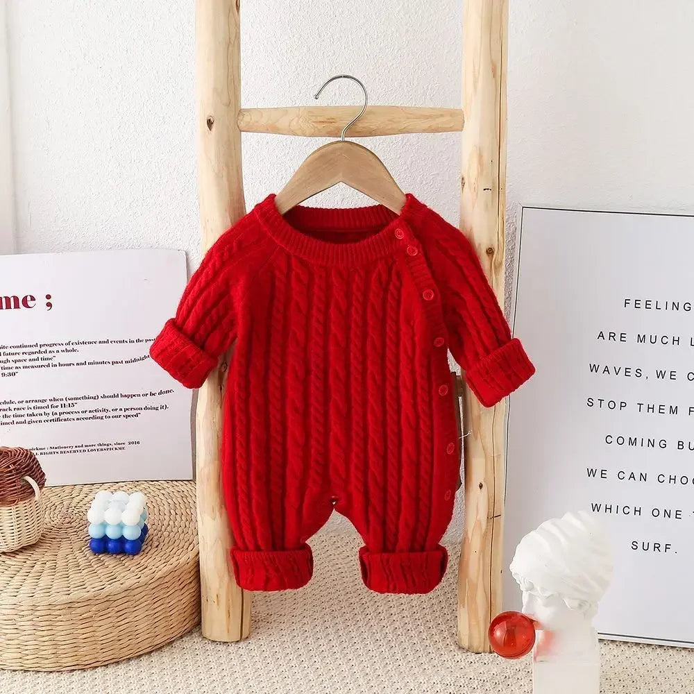 0 To 24M Unisex Baby Cable Knit Romper Warm Elastic Cuff Side Button Autumn