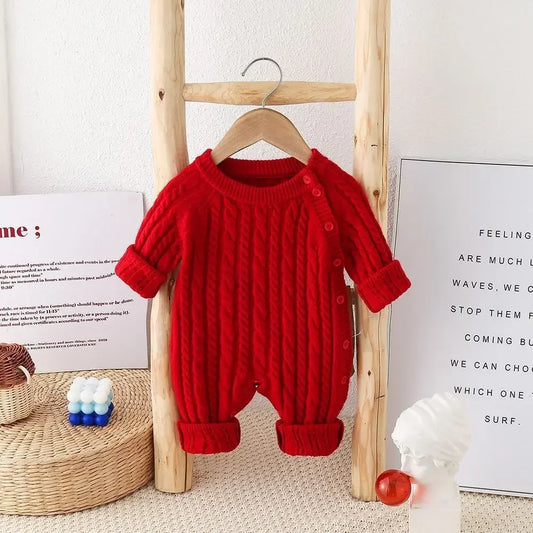 0 To 24M Unisex Baby Cable Knit Romper Warm Elastic Cuff Side Button Autumn