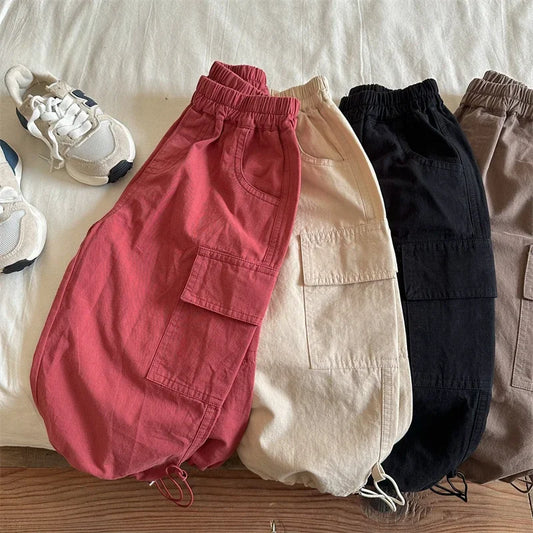 Unisex Kids Cargo Ankle Pants Cotton Loose Fit With Pockets