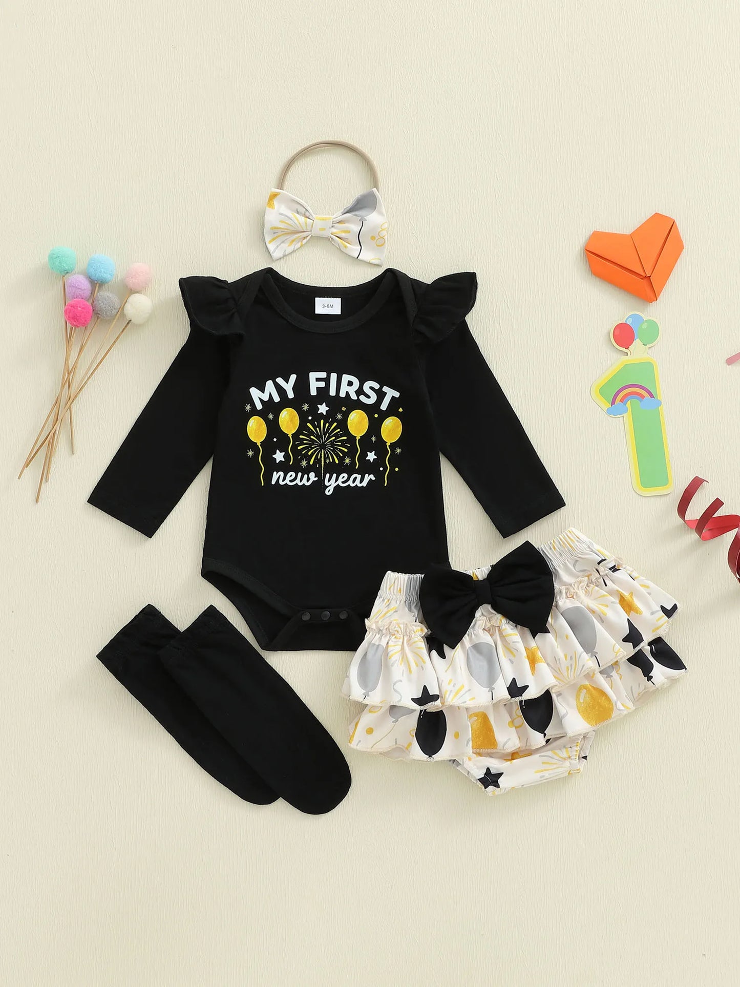 Adorable Baby Girl New Year Jumpsuit Set With Balloon Letter Print Headband