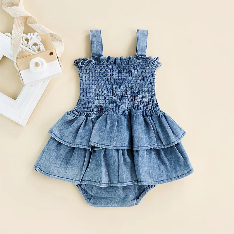 Summer Baby Girl Sleeveless Denim Romper with Suspenders Pleated Ruffle Hem