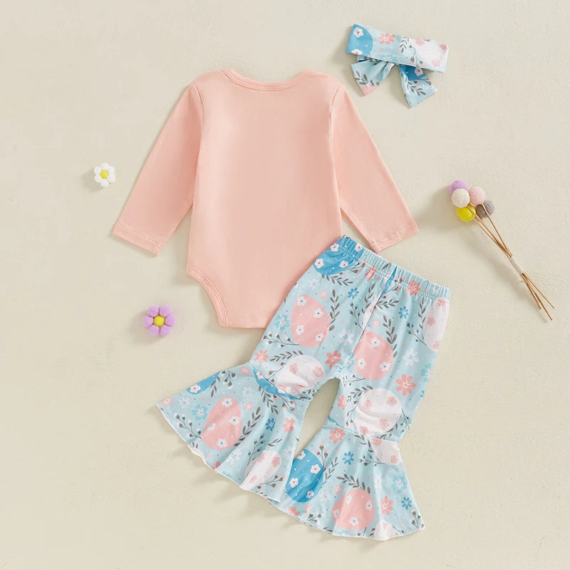 Adorable Baby Girl Easter Outfit With Bunny Print Long Sleeve Romper Flare Pants
