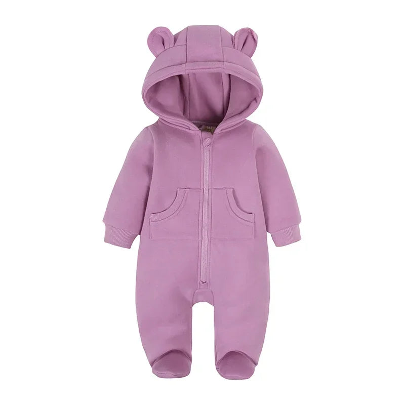 Winter Warm Newborn Romper 0-24M Hooded Bear Pocket Bodysuit Korean Style Unisex