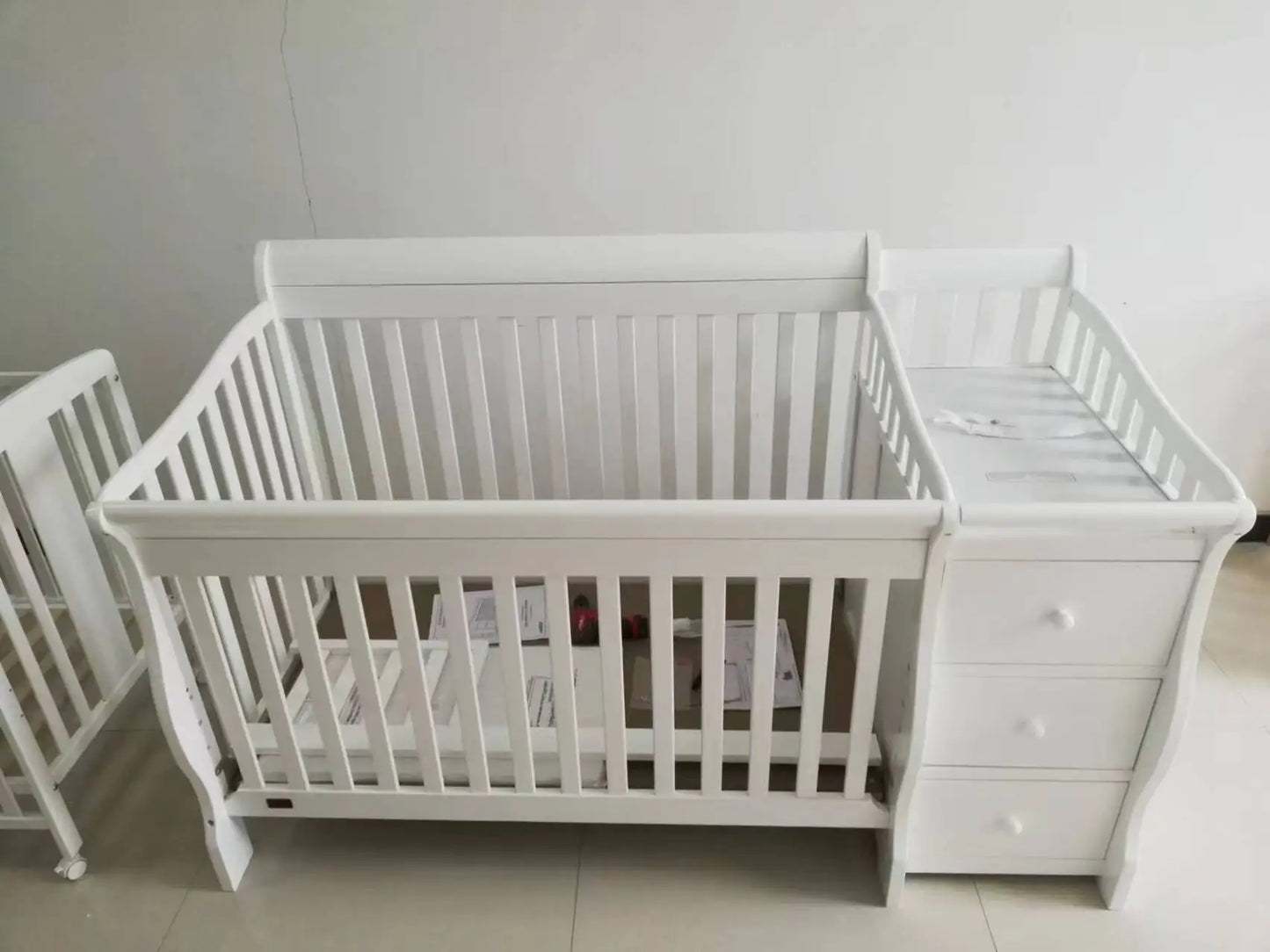 Kids Baby Cot Bed with Drawers and Diaper Hanging Storage Crib