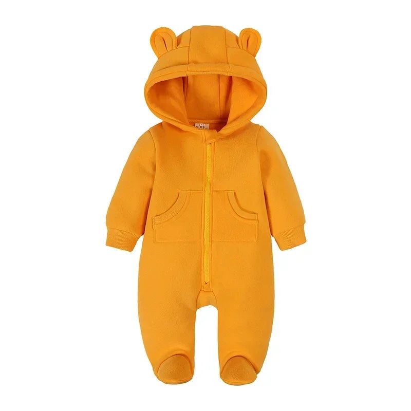 Winter Warm Newborn Romper 0-24M Hooded Bear Pocket Bodysuit Korean Style Unisex