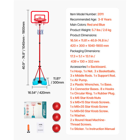 Vevor Adjustable Basketball Hoop for Kids 104 to 190CM Indoor Outdoor Sports Equipment