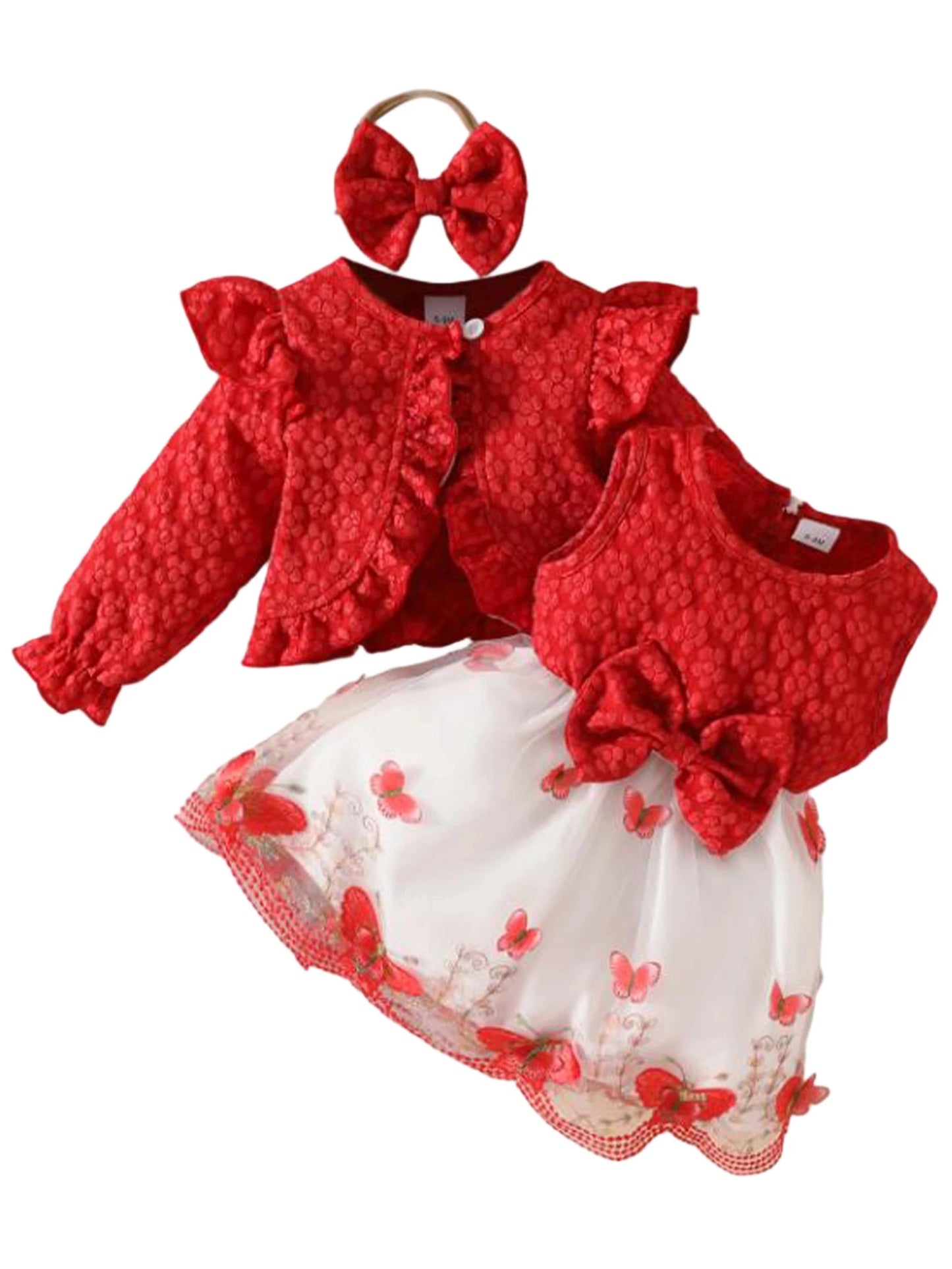 Baby Girl Autumn 3Pcs Outfit Set Ruffle Sleeve Romper Cardigan Bow Headband