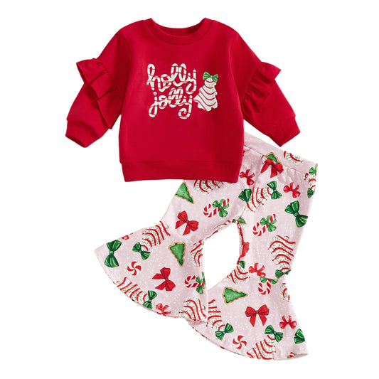 Cute Baby Winter Outfit Set With Bow Print Sweater And Flare Pants Christmas
