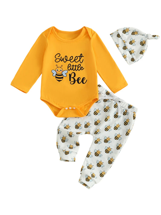 Autumn Baby Bee Costume 3 Piece Set Long Sleeve Romper Elastic Pants Knotted Hat