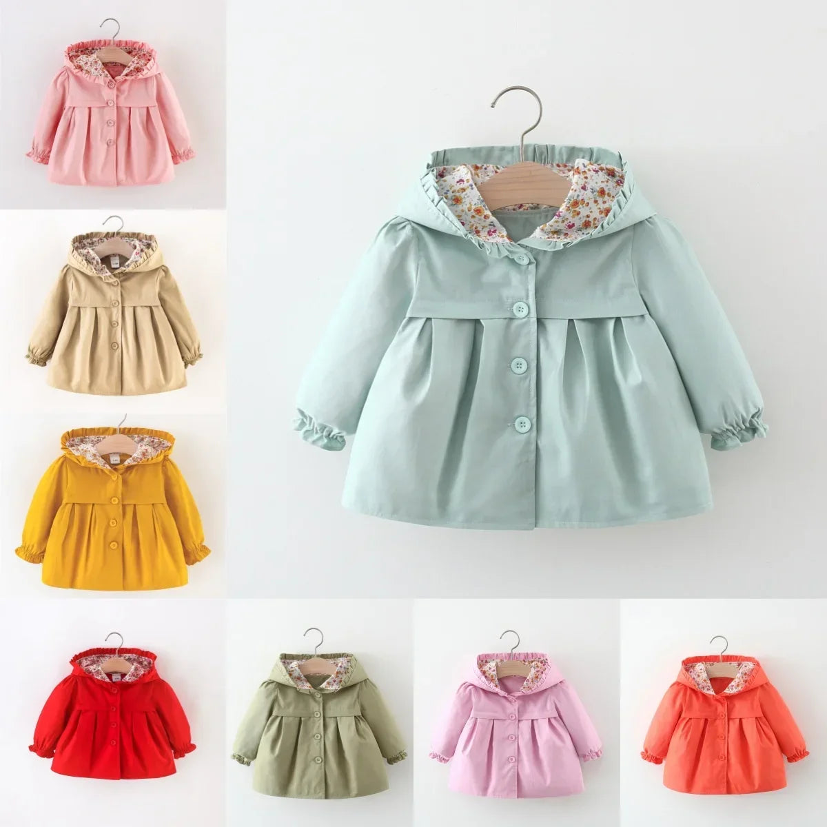 Newborn Baby Girl Hooded Spring and Autumn Solid Color Windbreaker Jacket