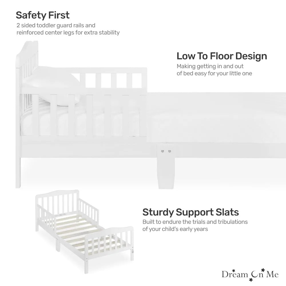 Classic Design Toddler Bed In White Low To Floor Design With Two Side Rails Non Toxic Finishes Wooden Nursery Furniture