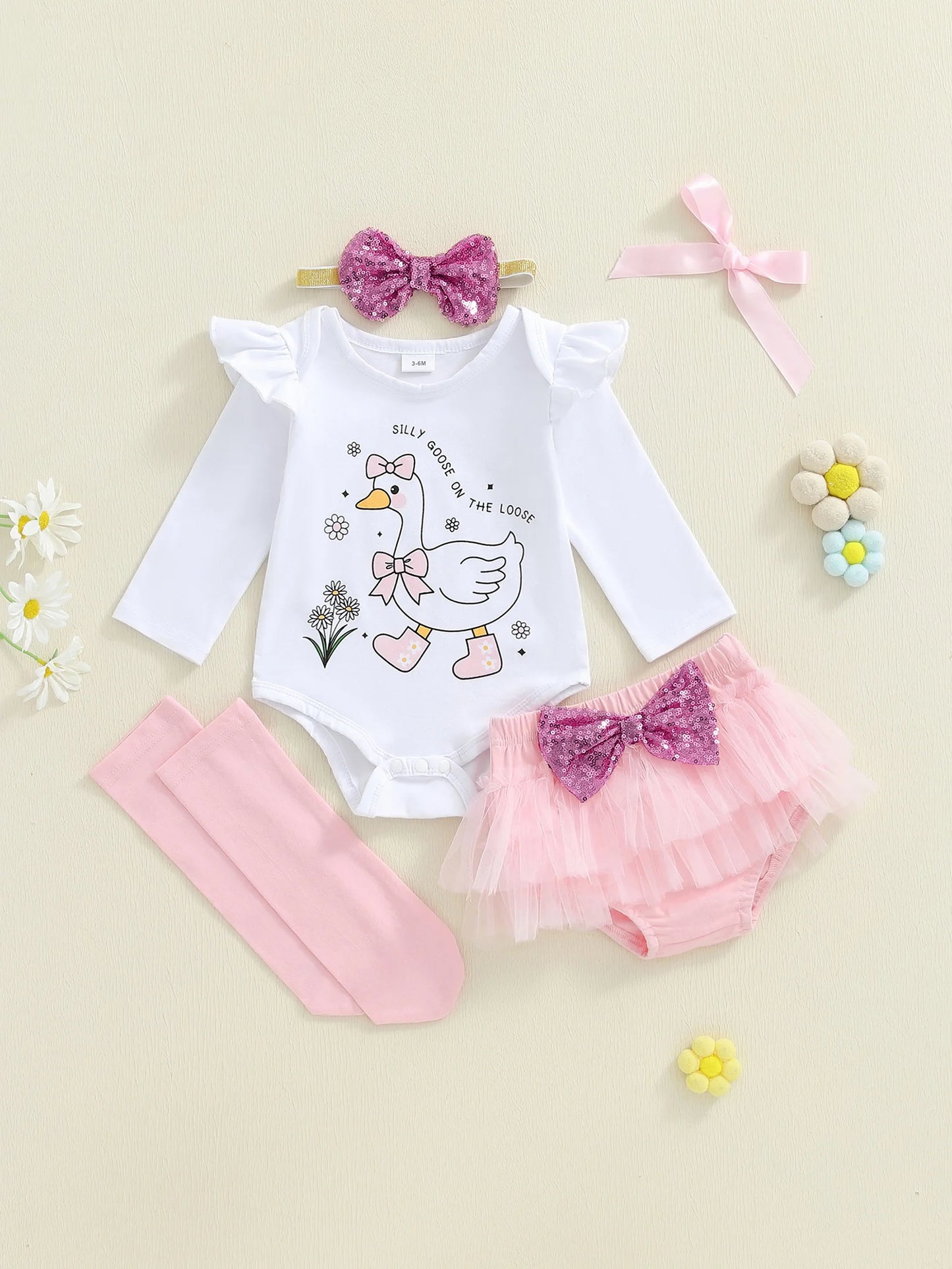 Adorable Baby Girl Outfit Set Romper With Duck Print Tulle Skirt Headband