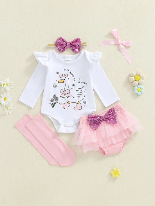 Adorable Baby Girl Outfit Set Romper With Duck Print Tulle Skirt Headband