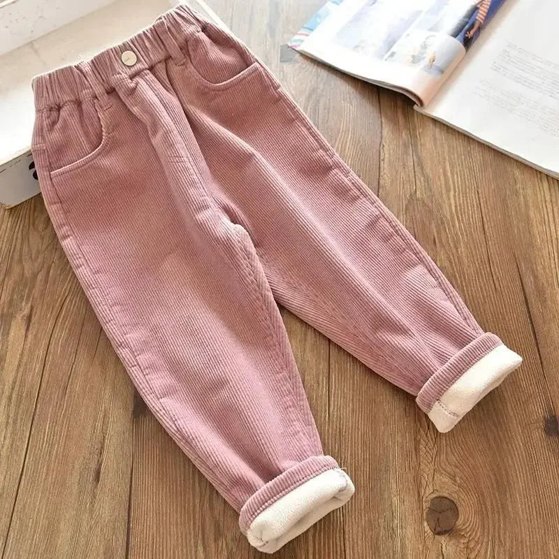 Kids Corduroy Warm Pants For Autumn Winter Unisex High Waist 1 To 9 Years