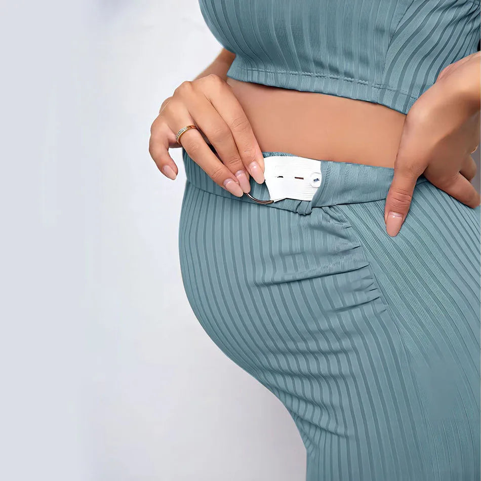 Maternity Knitted Ribbed Suspender Top And Pencil Skirt Set With Adjustable Belt
