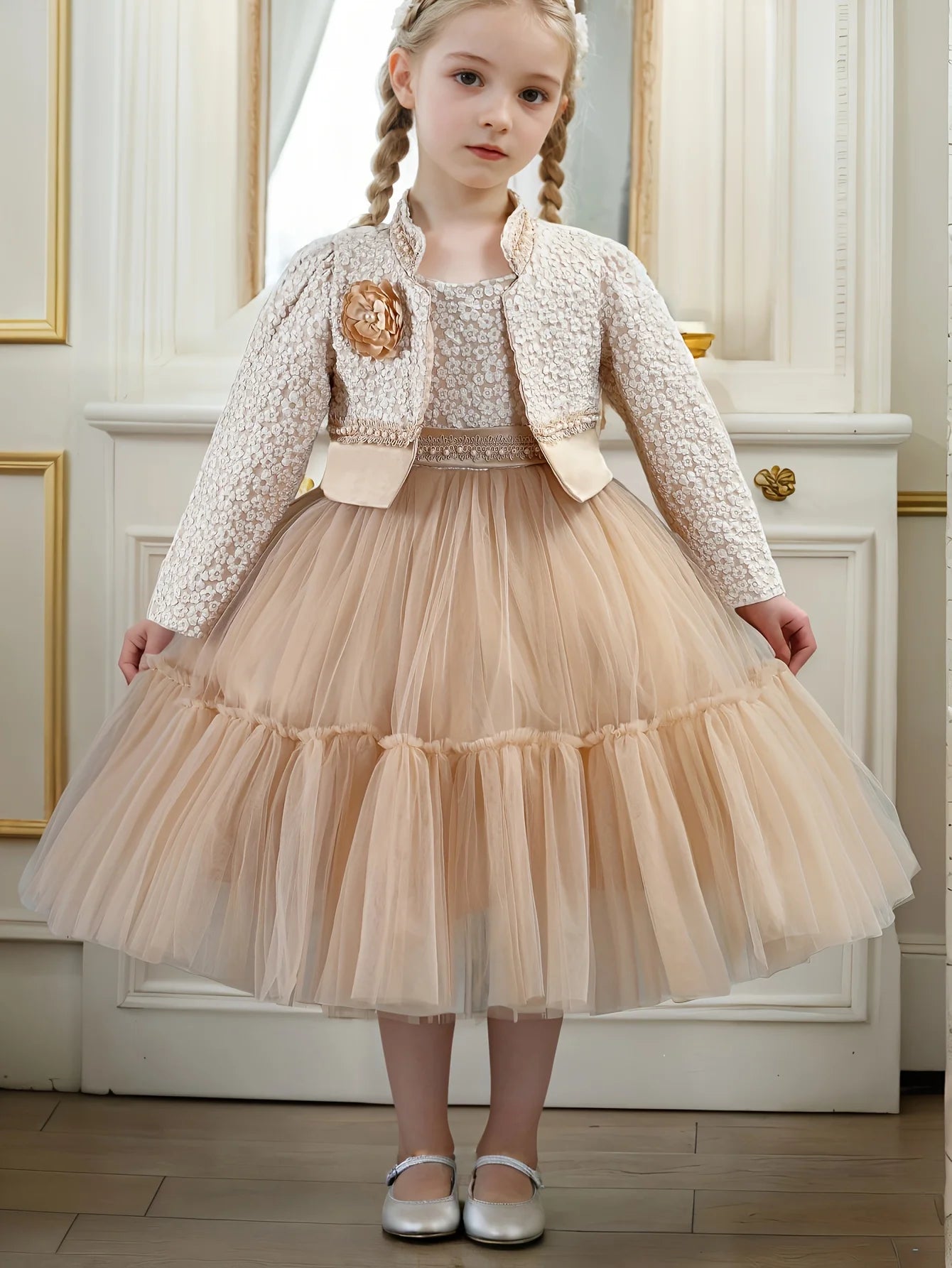 Girls Dress Set Khaki Lotus Lace Spring Autumn 2024 Fashion Princess Outfit