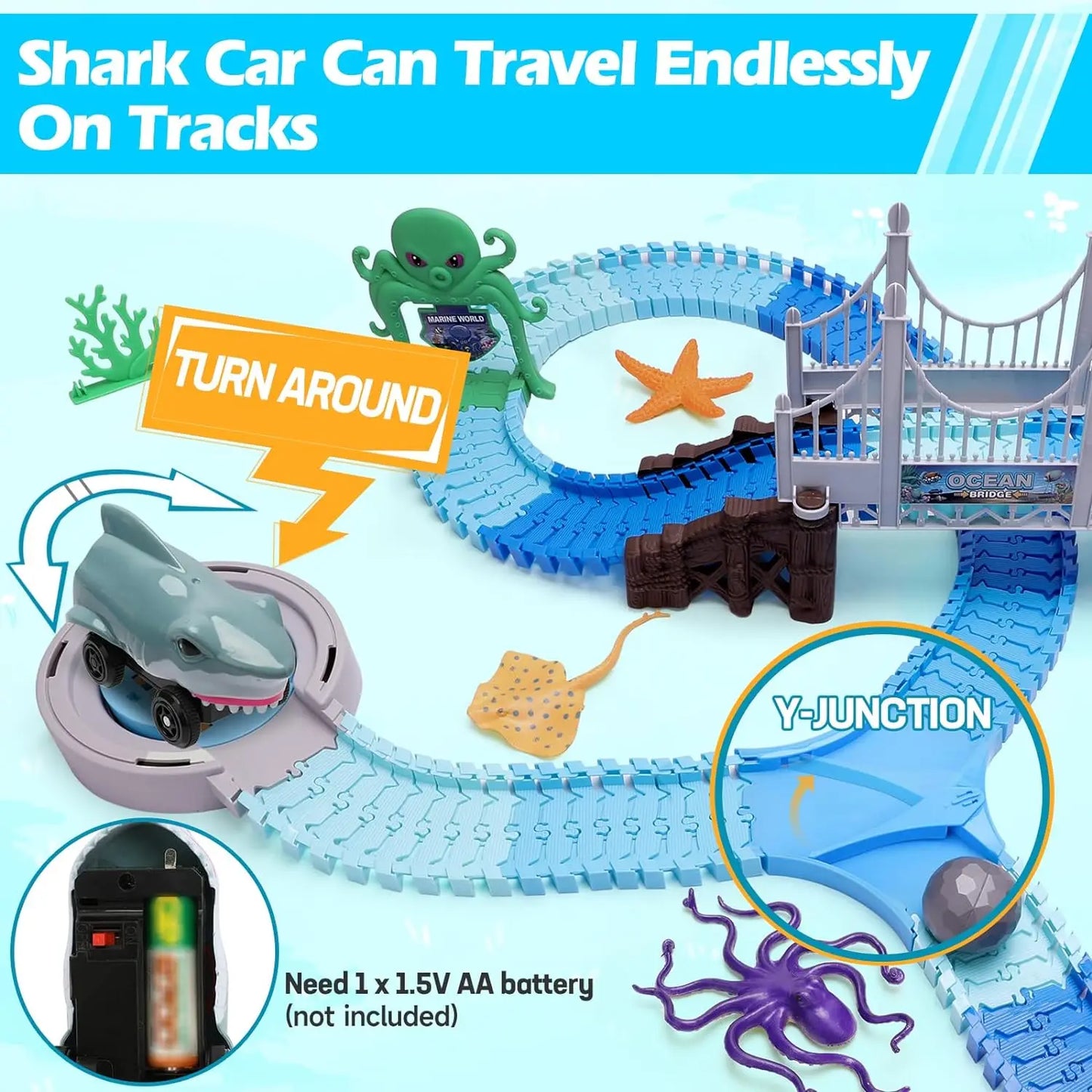 VATOS Shark Race Car Toy Bendable Racetrack For Kids Ages 3 And Up Ocean STEM
