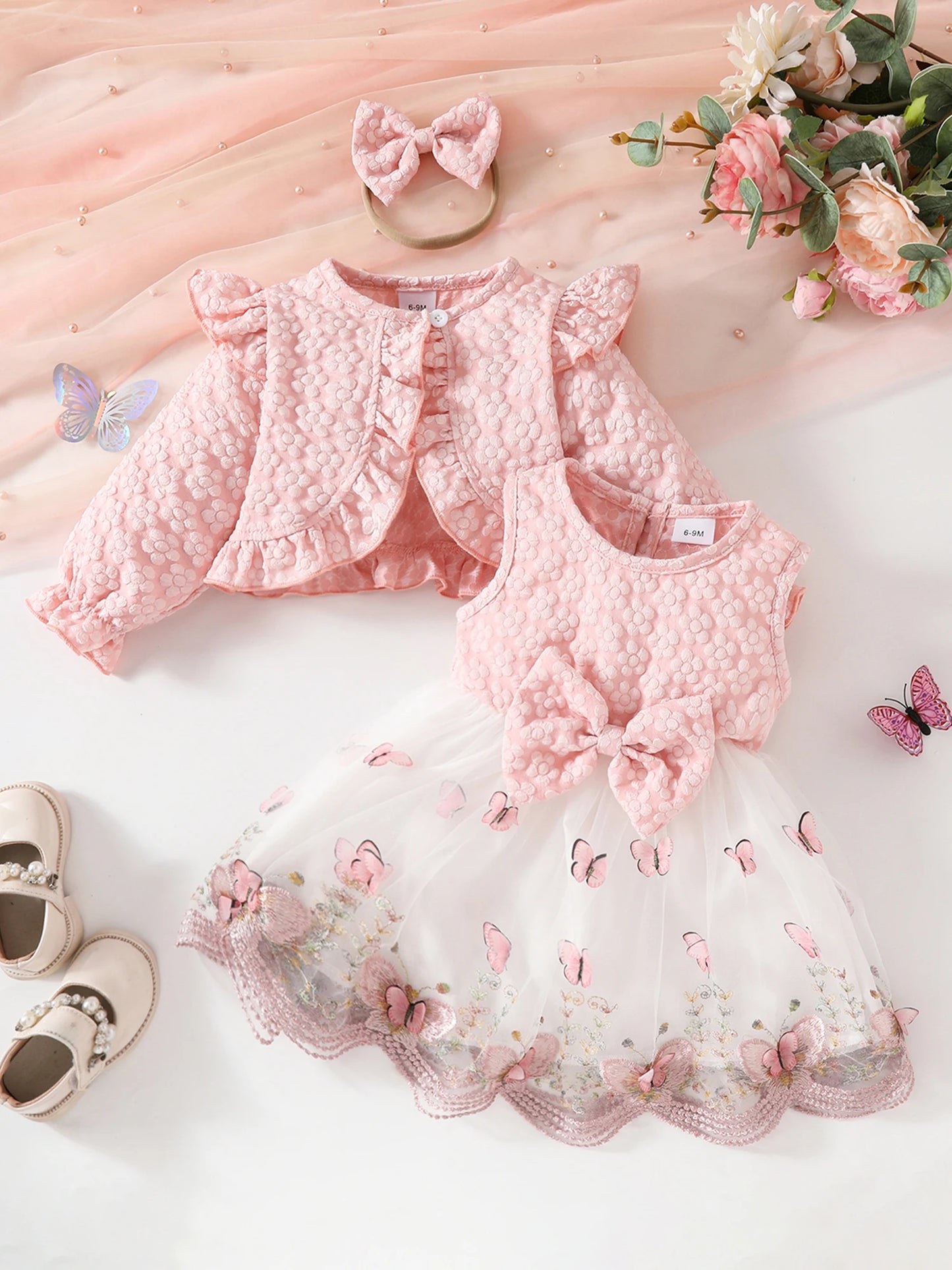 Baby Girl Autumn 3Pcs Outfit Set Ruffle Sleeve Romper Cardigan Bow Headband